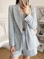 Women Fashion Houndstooth Double Breasted Tweed Blazer Coat Vintage Long Sleeve Flap Pocket Female Outerwear Chic Veste