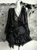 French Elegant Vintage Black Chiffon Dress Long Sleeve V Neck Autumn Women Sweet Dress Casual Holiday Evening Party Wear