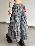 Vintage Plaid Skirt Women Preppy Style Sweet Ruffle Cake Long Skirt Harajuku Fashion Patchwork Layered Skirts Street