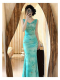 Pbong  Mint Wave een Vaion Strap Fi Tail Long Dr Women's Spring Summer  Print Pleated Waist Cinching Dr