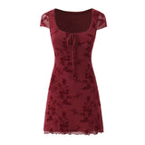2025 New Summer Flocking Flower Sweet Chic Tight Dress Square Collar Retro Short Dress Double Layer Mesh Sweet Chic Women Dress