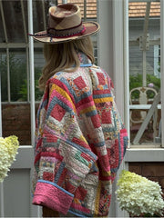 Pink Vintage Print Patchwork Cotton Coats For Woman Casual Loose Long Sleeve Short Jackets Autumn Female High Street Outerwear