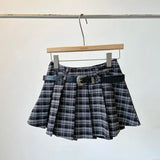 Y2K Checkered Pleated Skirt with Belt Thick Woolen Plaid Short Skirt Teen-girl 9s Preppy Style Autumn Winter Outfit