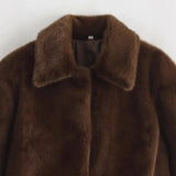 Pbong  Loose Brown Faux Fur Collar Jacket Short Outerwear Women's Fashion Autumn New Style Artificial Leather Coat Full Sleeve