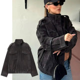 Chic Suede Women Bomber Jacket Women Long Sleeve Pockets Straight Loose Coat Fashion 2025 Fall Winter Streetwear Outwear
