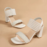 Pbong  Women's Fashion High Heels Sandals with Pearls Summer Square Toe Thick Heeled Dress Sandals Woman Elegant Banquet Party Shoes