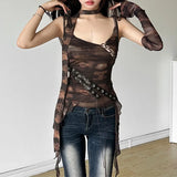Pbong  Chic Women Tank Summer Mesh Thin Incline Shoulder Vintage Tassel Tie Irregular Slim Tops Girls Stunning Trend Streetwear