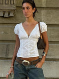 V Neck Short Sleeve T shirt For Women Lace Splice Puff Sleeve Top Slim Buttons Short T shirt Solid Sexy Hot Girl Tanks