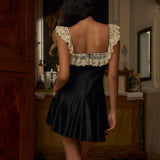 Pbong  Solid Spliced Lace Up Slimming Dresses for Women Square Neck Sleeveless High Waist Mini Dress Female