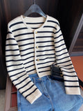New 2025 Women Spring Autumn Sweaters O-neck Stripe Knitted Cardigan Fashion Long Sleeve Casual Short Tops Korean Style