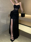 Pbong  Summer New Black Slim Waist Women's Dresses Split Sleeveless French Style Sexy Fashion Female Evening Dress Party Club