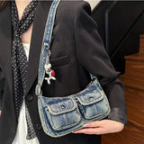 Pbong  Stylish Washed Denim Messenger Bag, Y2K Style Underarm Purse with Balloon Dog Charm Commuter Handbag Shoulder Bag for Women