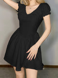 Black V-Neck Short Sleeve A-Line Dress