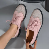 Pbong  High Quality Pink Low Heels Shoes Women Round Toe Patchwork Lace-up Designer Loafers Comfortable Oxford Ladies Shoes