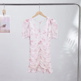 Pbong   Sexy Print Pleated Patchwork Women Dress V-neck Backless Lace Up Button Short Puff Sleeve Female Dresses Summer Lady Robe