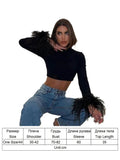 Women's Basic Black T-shirts Ladies Turtleneck Crop Tops Fit Skinny Tops Long Sleeve Ostrich Feather Streetwear Outfits