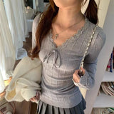 Long Sleeves Knit Top with Lace Trim Bow Front Solid Cute Bodycon Fitted T-Shirt Teen-girl Y2K Fairycore Clothes Spring Autumn