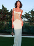 Mesh Patchwork Sexy Maxi Dress For Women Gown Spaghetti Strap Sleeveless Backless Bodycon Elegant Club Long Dress