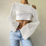 Pbong  New Harajuku Grunge Solid Slash Neck Women Crop Pullovers Y2k Aesthetic Knitted Sexy Sweaters Streetwear Hollow Out Autumn Tops