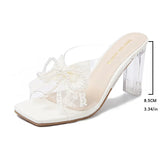 Pbong  Lace Pearl Bowknot High Heel Slippers for Women Summer Square Toe Transparent Heeled pvc Sandals Woman Fashion Party Dress Shoes