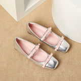 Pbong  PU Leather Bow Tie Shoes Women Black Flats Mary Janes Shoes Ladies Elegant Square Toe Spring Autumn Silver Loafers New