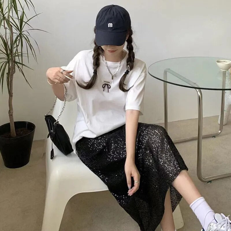 Autumn Winter Sequins Streetwear Harajuku Y2K Loose Casual Skirt Lady Elegant Fashion Trend All-match Skirts Women's Clothing