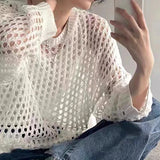 Women Mesh Top Oversized Long Sleeve T-shirts Crew Neck Loose Casual Knit Tees See-Through Openwork Knit Top Women Spring Summer