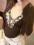 Solid V-Neck Sequin Women’s Long Sleeve Tops Y2k Slim Fit Chic Design Fashion Trendy Clothes