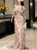 Women Sexy Slash Neck Holiday Flower Print Maxi Dresses Summer Ruffles Sleeve Slim Dress Elegant Backless Long Robe Vestidos New