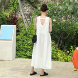 Pbong  French Style White Backless V-Neck Sleeveless Dress Summer Season Loose Waist A-Line Long Dress Backless Design Special Atmos...