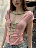 Beading Hollow Out Sexy Top Women Off shoulder Short sleeve T-shirt Slim fit Ruched Fabric Luxury Crop Top Basia Pink Tees