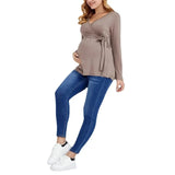 Pbong  Spring and Autumn New Soft Solid Color High-quality Pregnant Women's T-shirt Breastfeeding V-neck Long Sleeved Anti Glare Top