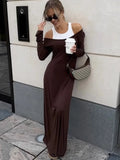 Fashion Fake Two Piece Shoulder Off Long Dress Modal Soft Vintage Slash Neck Slim Women Dress 2025 New Winter Fall Female Cloth