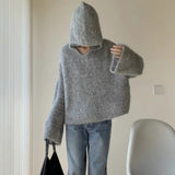 Grey Mohair Knit Hooded Sweater for Women Loose Bell-Sleeve Pullover Hoodie Female Autumn Winter Casual Chic Outfit