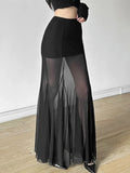 Pbong  Black Mesh Long Skirts Women Transparent Patchwork High Waisted Hip Wrap Skirts Coquette Party Slim Fit Sexy Club Skirt