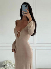 Solid Sexy Hollow Out Backless Female Knitted Dress Deep V Neck Long Sleeve Maxi Dresses Lady Beach Vocation Party Vestidos