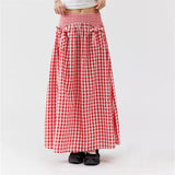 Women Y2K Bow Plaid Maxi Skirt High Waist Gingham Tiered Long Skirt Vintage A-Line Ruffle Flowy Midi Skirt Party Clubwear