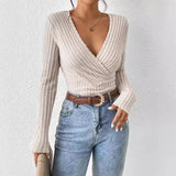 High End Euramerican Striped V Neck Long Sleeve Shirts Autumn Winter Harajuku Vintage Y2k Aesthetic Clothing Punk Solid Tops