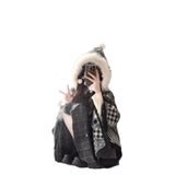 Pbong  Black And White Plaid Oversized Fur Shawl Coat Women's Spring Autumn Thick Outerwear with Tassel Loose Coat for Ladies