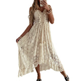 Pbong  Women's Summer Boho Aesthetic Floral Lace Irregular Dress Tassels Deep V Neck Sleeveless Versatile Beachwear Sundress