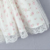 Pbong  Sweet White With Pink Flower Spliced Mesh Lace Sling Dresses Women Low Waist Swing A-line Short Dresses Party Robe Vestidos