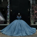 Pbong  Blue Glittering Quinceanera Dresses Beading Appliques Off-shoulder Vestidos De 15 Anos Birthday Party Customized
