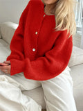 Pbong  Women's Knit Outerwear Solid Color Cardigan Fuzzy Long Sleeve Button Down Sweater Soft Knit Tops