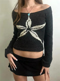 Women's Knit Tops Off Shoulder Slim Sweater Graphic Print Long Sleeve Knitwear Spring Fall Y2K Aesthetic Streetwear