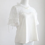 Pbong  Japanese Lolita JK Blouse Women Puff Sleeve Patchwork Shirts Sweet Kawaii Bow Blouses Hollow Out Ruffles Blusas Y2k Aesthetic