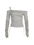 Slash Neck Patchwork Long Sleeve Slim Basic Casual Tees Side Shirring Womens T Shirt