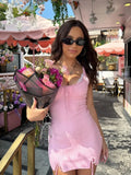 2025 New Pink White Lace Patchwork Short Dress For Women's Clothing Ruffle Square Collar Vacation Beach Summer Knit Slip Dress