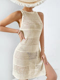 Hollow Out Side Slit Bikini Crochet Retro Cover Up Women Solid Beach Skirt Swim Dress Bathing Suit