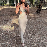 2025 New Pink Knit Sexy Log Dress Hollow Out Halter Neck Backless Chic Vacation Summer Dress Solid Tight Beach Dresses For Women