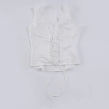 Euramerican Spice Women Deep V Neck Cross Lace Up Camisole Harajuku Spliced Lace Edge All Match Thin Summer Clothe Y2k Punk Tops
